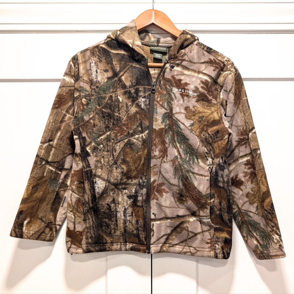 FIELD and STREAM kids camo camouflage full zip up fleece hooded jacket medium